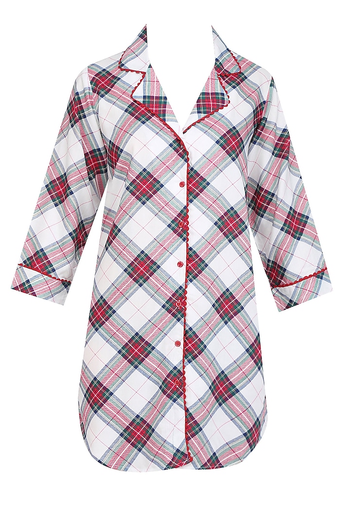 White, Red and Black Plaid Checks Nightsuit Shirt by Perch