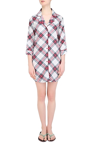 White, Red and Black Plaid Checks Nightsuit Shirt by Perch