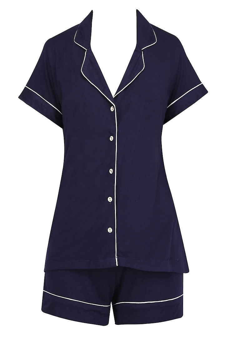 Navy Blue and White Lace Trims Nightsuit Shirts and Shorts Set by Perch