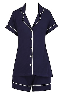 Navy blue and white lace trims nightsuit shirts and shorts set ...