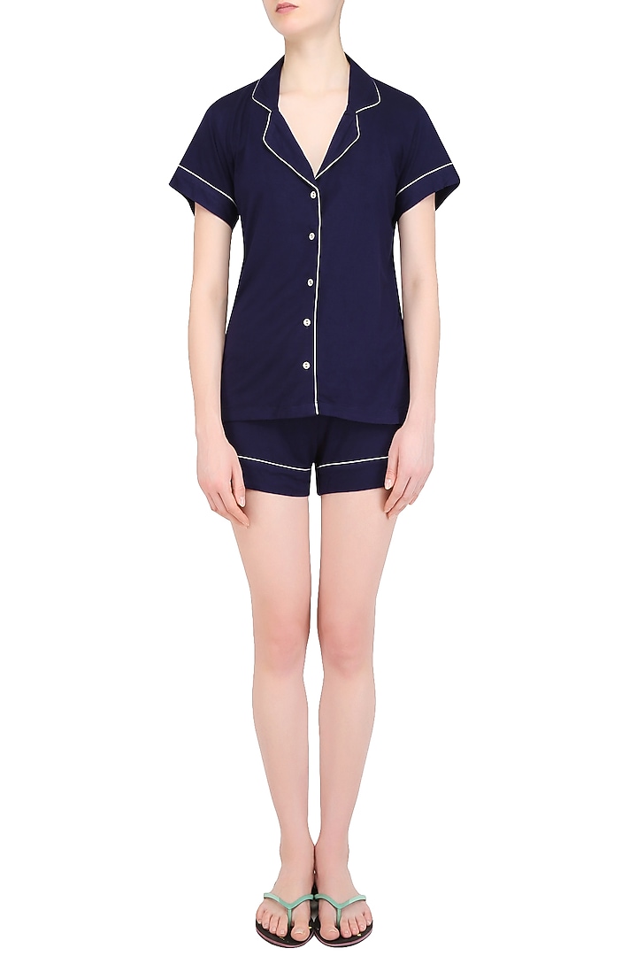 Navy blue and white lace trims nightsuit shirts and shorts set available only at Pernia's Pop Up Shop.