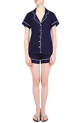 Navy Blue and White Lace Trims Nightsuit Shirts and Shorts Set by Perch