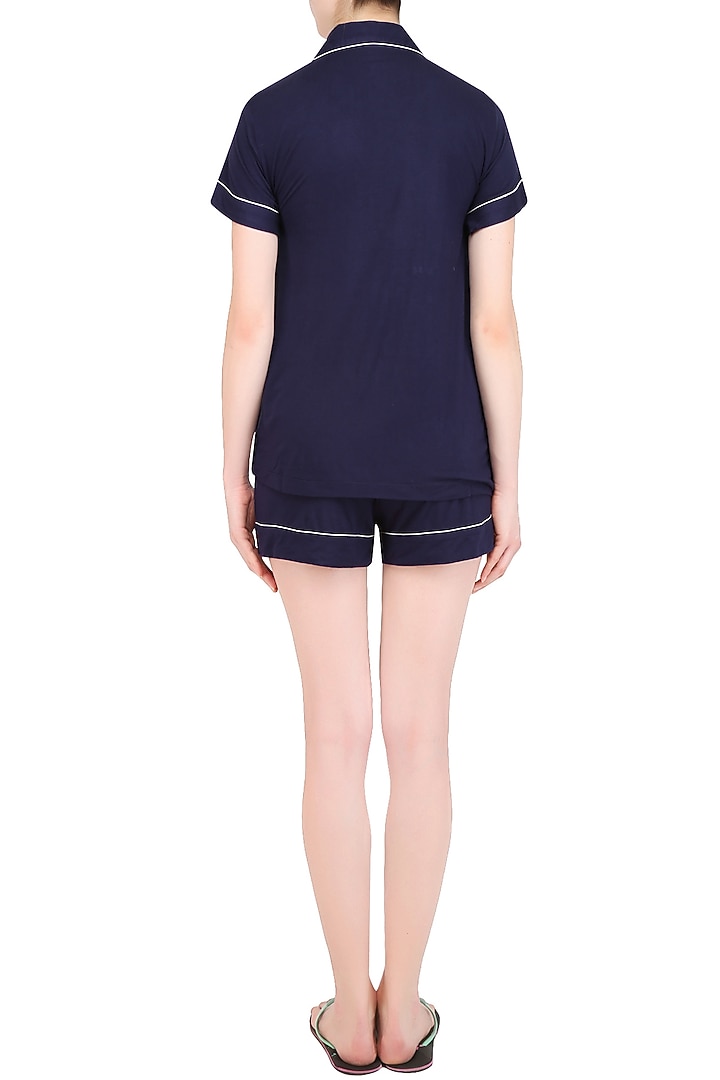 Navy blue and white lace trims nightsuit shirts and shorts set available only at Pernia's Pop Up Shop.