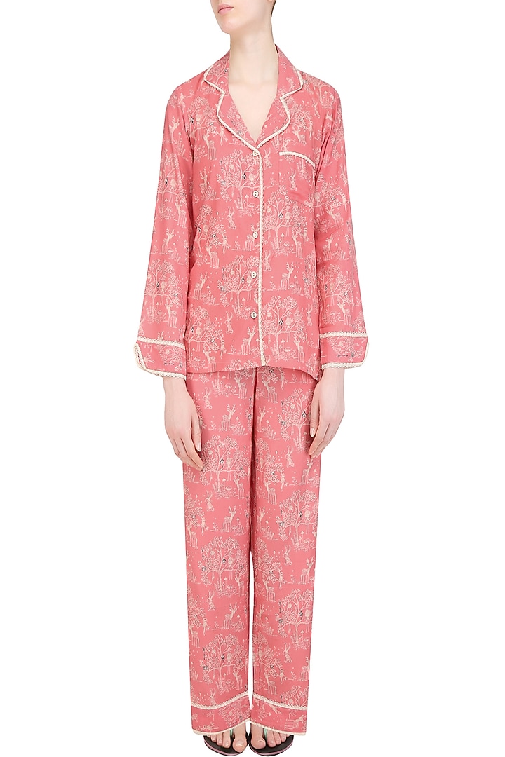 Pink deer and trees printed nightsuit set available only at Pernia's Pop Up Shop.