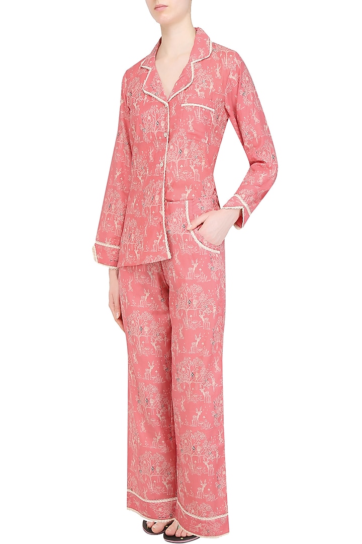Pink deer and trees printed nightsuit set available only at Pernia's Pop Up Shop.