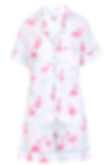 White and Pink Flamingos Printed Nightsuit Shirt and Shorts Set by Perch