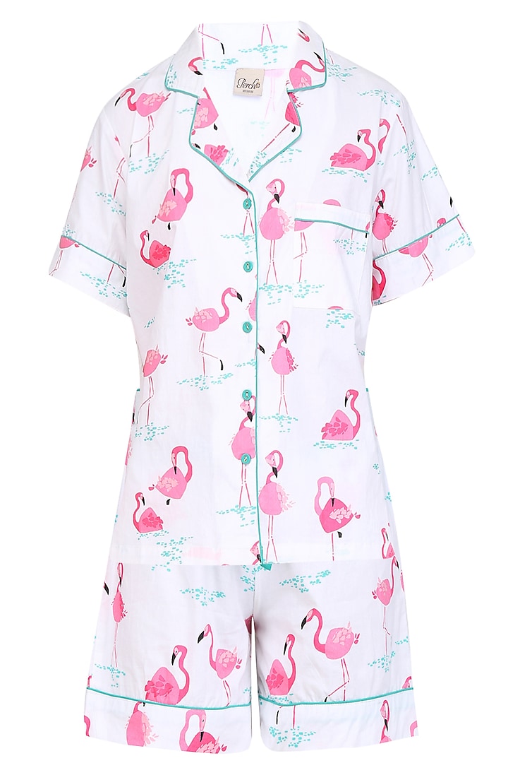 White and pink flamingos printed nightsuit shirt and shorts set available only at Pernia's Pop Up Shop.