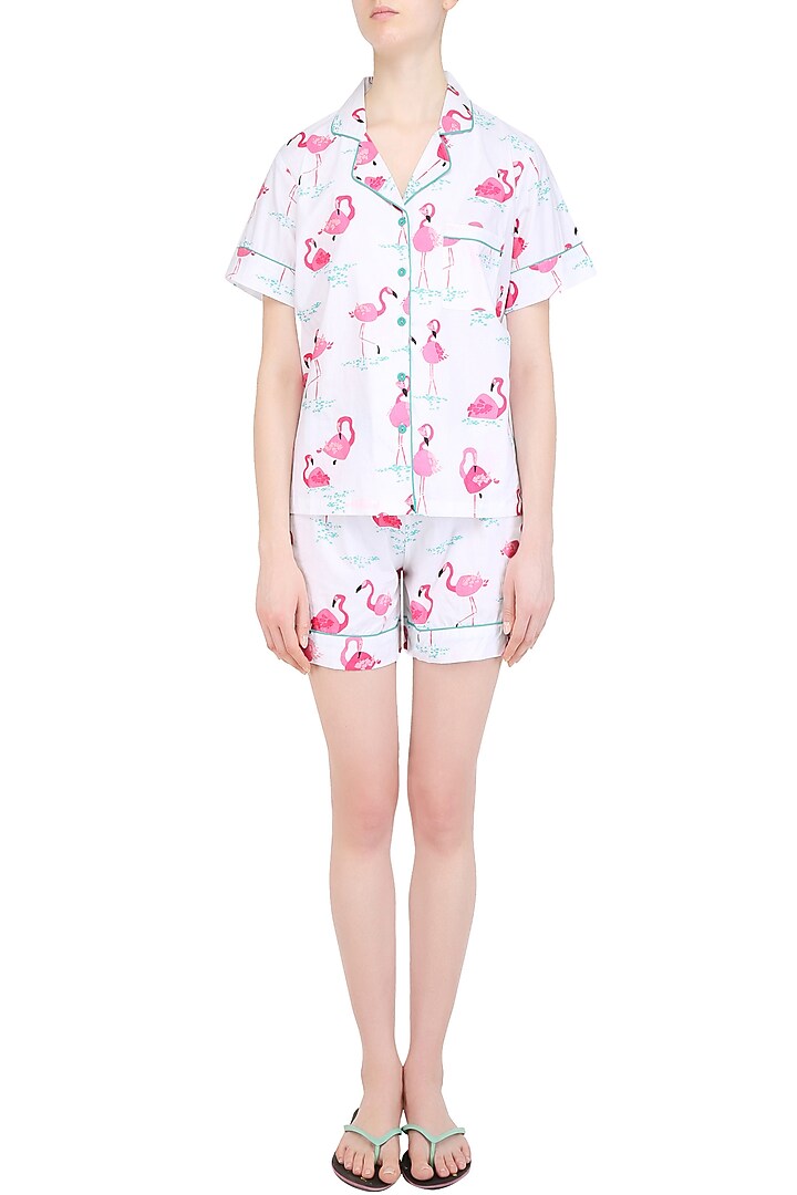 White and pink flamingos printed nightsuit shirt and shorts set available only at Pernia's Pop Up Shop.