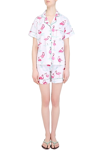 White and Pink Flamingos Printed Nightsuit Shirt and Shorts Set by Perch