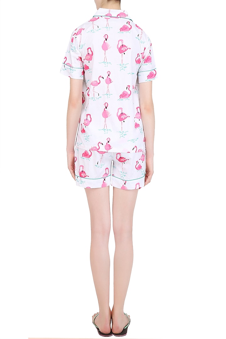 White and pink flamingos printed nightsuit shirt and shorts set available only at Pernia's Pop Up Shop.
