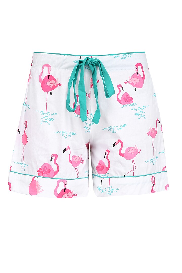 White and pink flamingos printed nightsuit shirt and shorts set available only at Pernia's Pop Up Shop.