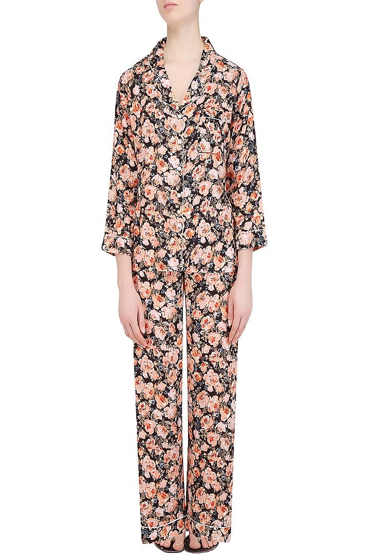Black and orange floral printed nightsuit set available only at Pernia's Pop Up Shop.