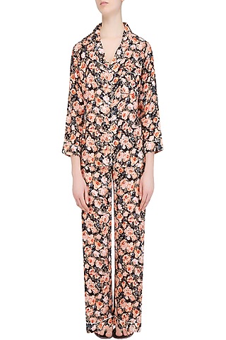 Black and Orange Floral Printed Nightsuit Set by Perch