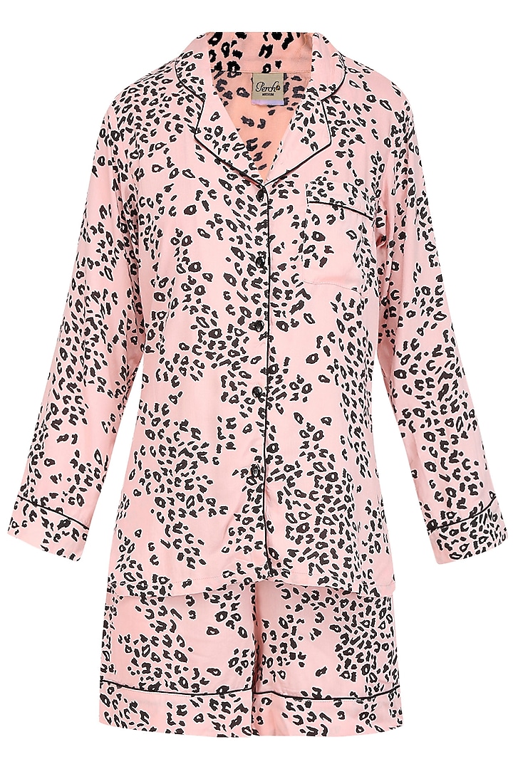 Pink and Black Spots Printed Nightsuit Shirt and Shorts Set by Perch