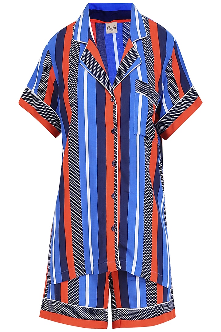 Blue Stripes Printed Nightsuit Shirt and Shorts Set by Perch
