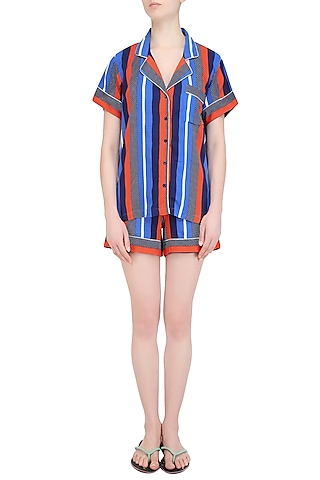 Blue Stripes Printed Nightsuit Shirt and Shorts Set by Perch
