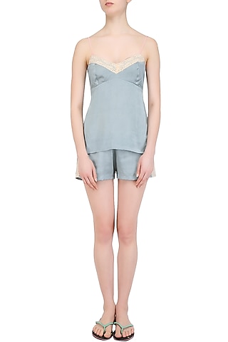 Grey and White Floral Lace Camisole Top and Shorts Set by Perch
