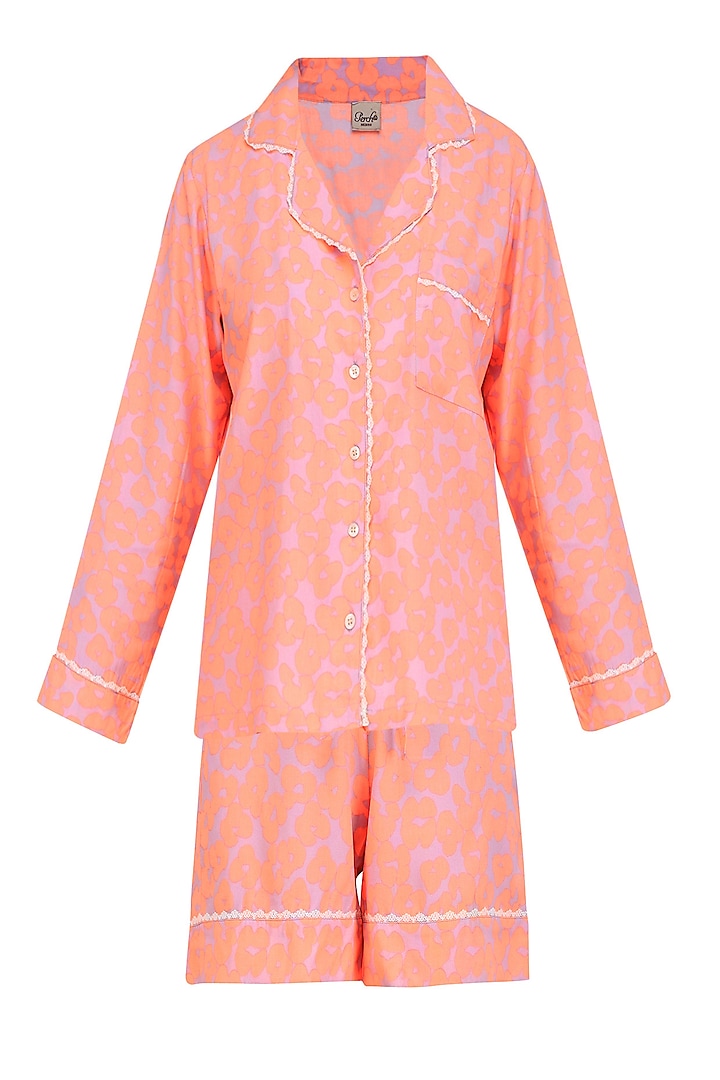 Peach Floral Printed Nightsuit Shirt and Shorts Set by Perch