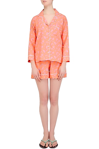 Peach Floral Printed Nightsuit Shirt and Shorts Set by Perch