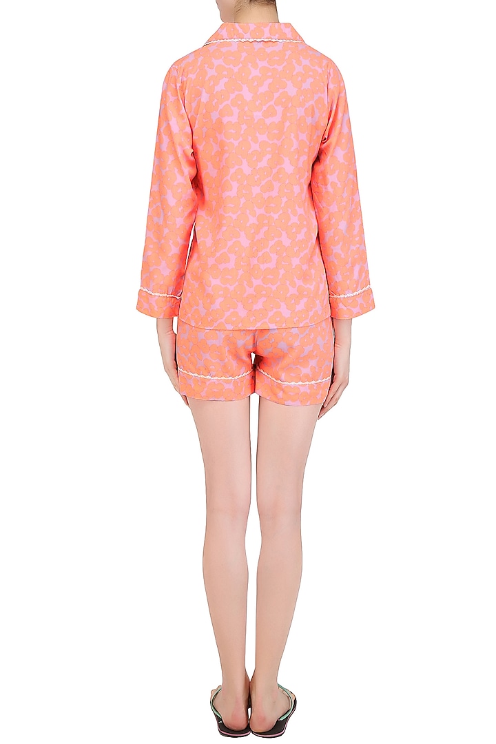 Peach floral printed nightsuit shirt and shorts set available only at Pernia's Pop Up Shop.