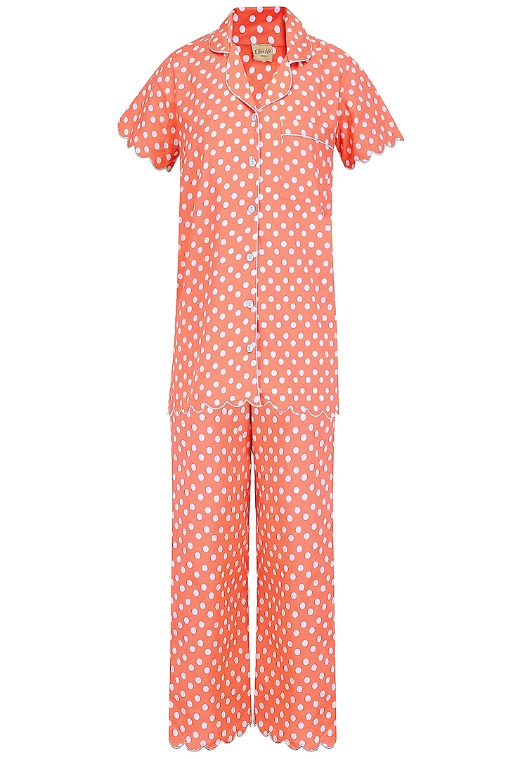 Orange and White Polka Dots Printed Nightsuit Set by Perch