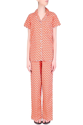 Orange and White Polka Dots Printed Nightsuit Set by Perch