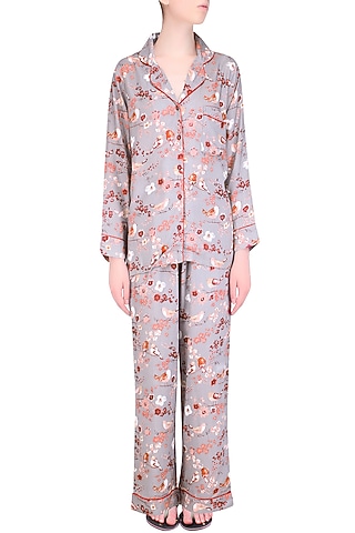 Grey and Orange Floral Printed Nightsuit Set by Perch