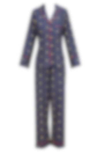Navy Blue and Yellow Banana Print Nightsuit Set by Perch
