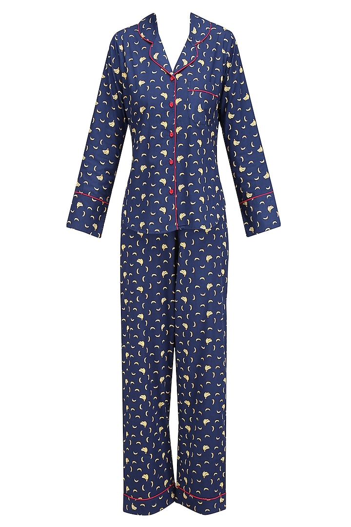 Navy Blue and Yellow Banana Print Nightsuit Set by Perch