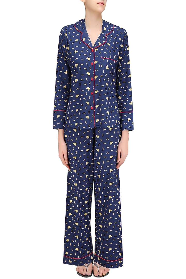 Navy blue and yellow banana print nightsuit set available only at Pernia's Pop Up Shop.