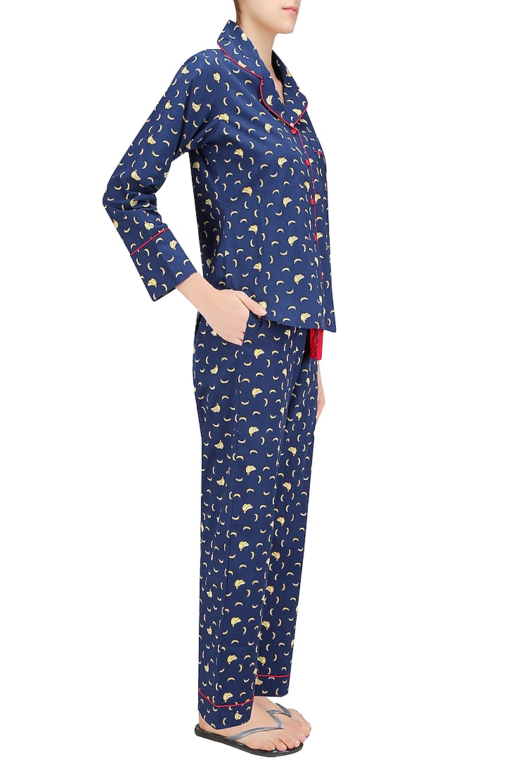 Navy blue and yellow banana print nightsuit set available only at Pernia's Pop Up Shop.