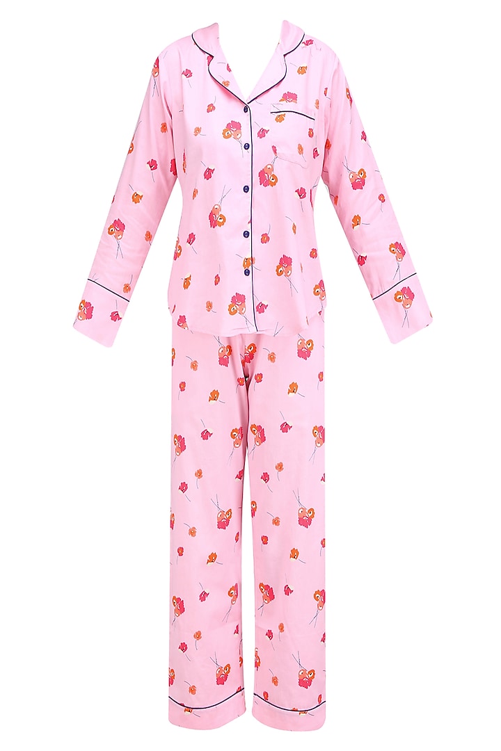Pink and Orange Floral Printed Nightsuit Set by Perch