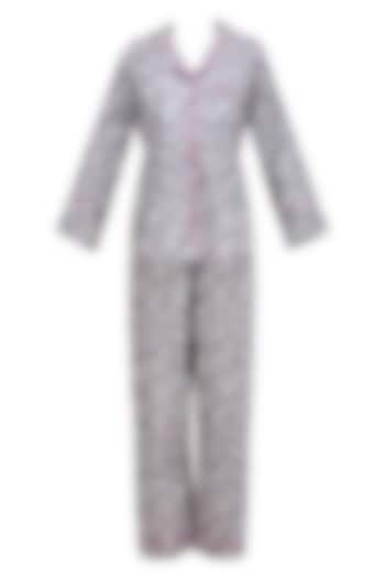 Grey Polka Dot and Floral Printed Nightsuit Set by Perch