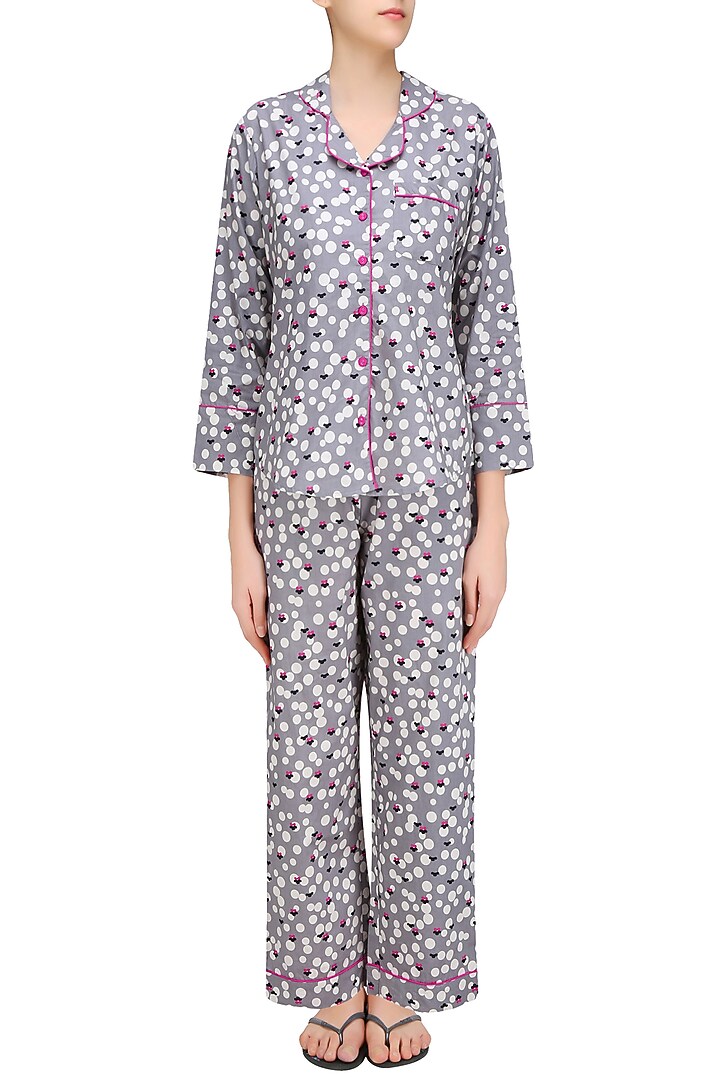 Grey polka dot and floral printed nightsuit set available only at Pernia's Pop Up Shop.