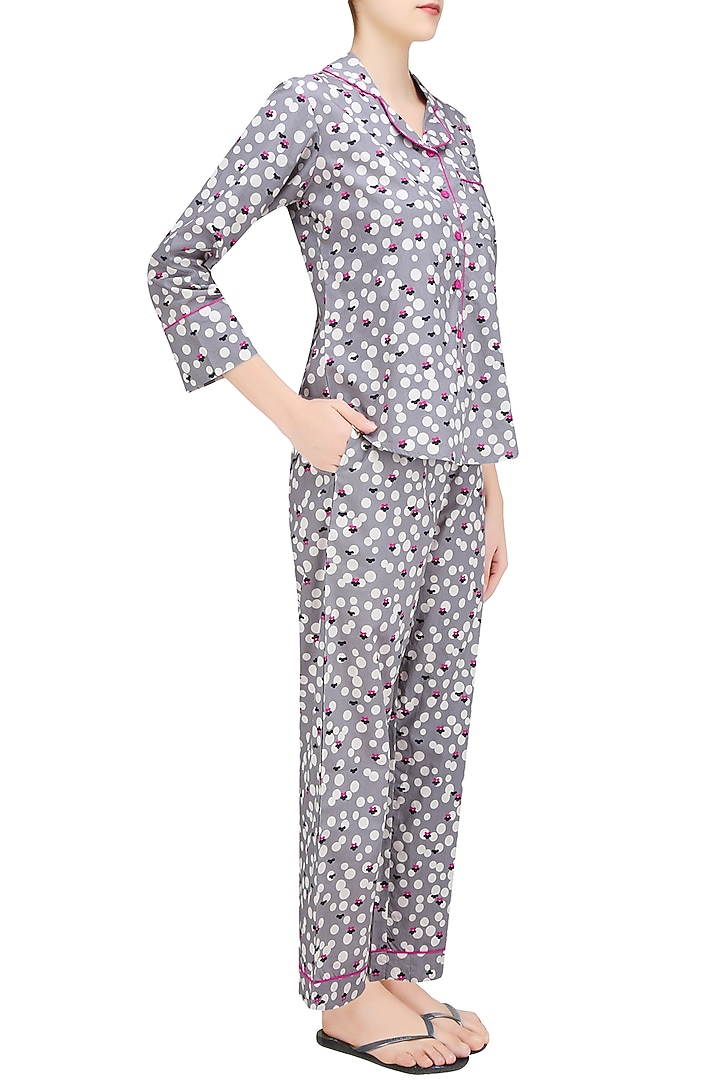 Grey polka dot and floral printed nightsuit set available only at Pernia's Pop Up Shop.