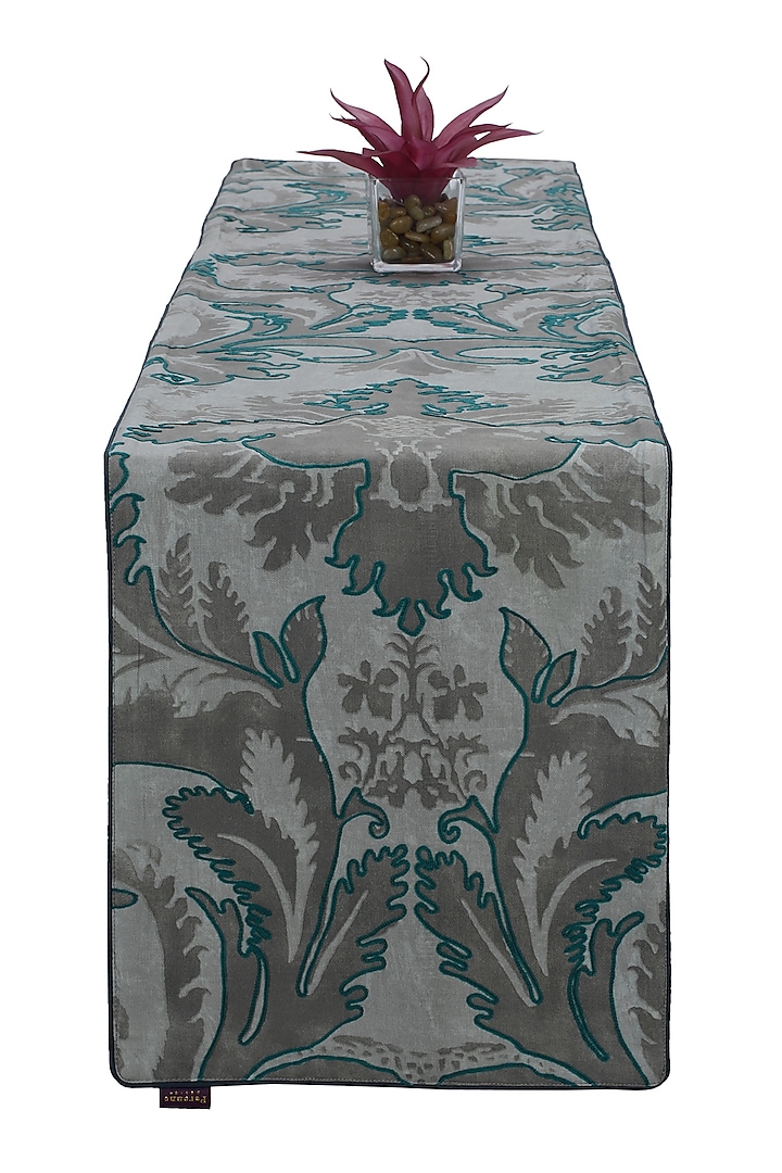 Grey Printed & Embroidered Table Runner by Perenne Design
