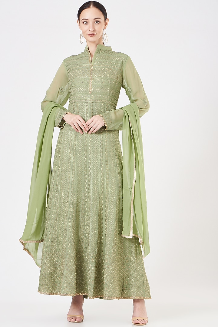Pista Green Party Wear Anarkali Set With Zari Work by Peenacolada at Pernia's Pop Up Shop