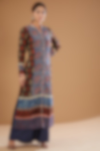 Blue & Black Chanderi Printed Kurta Set by Peenacolada at Pernia's Pop Up Shop