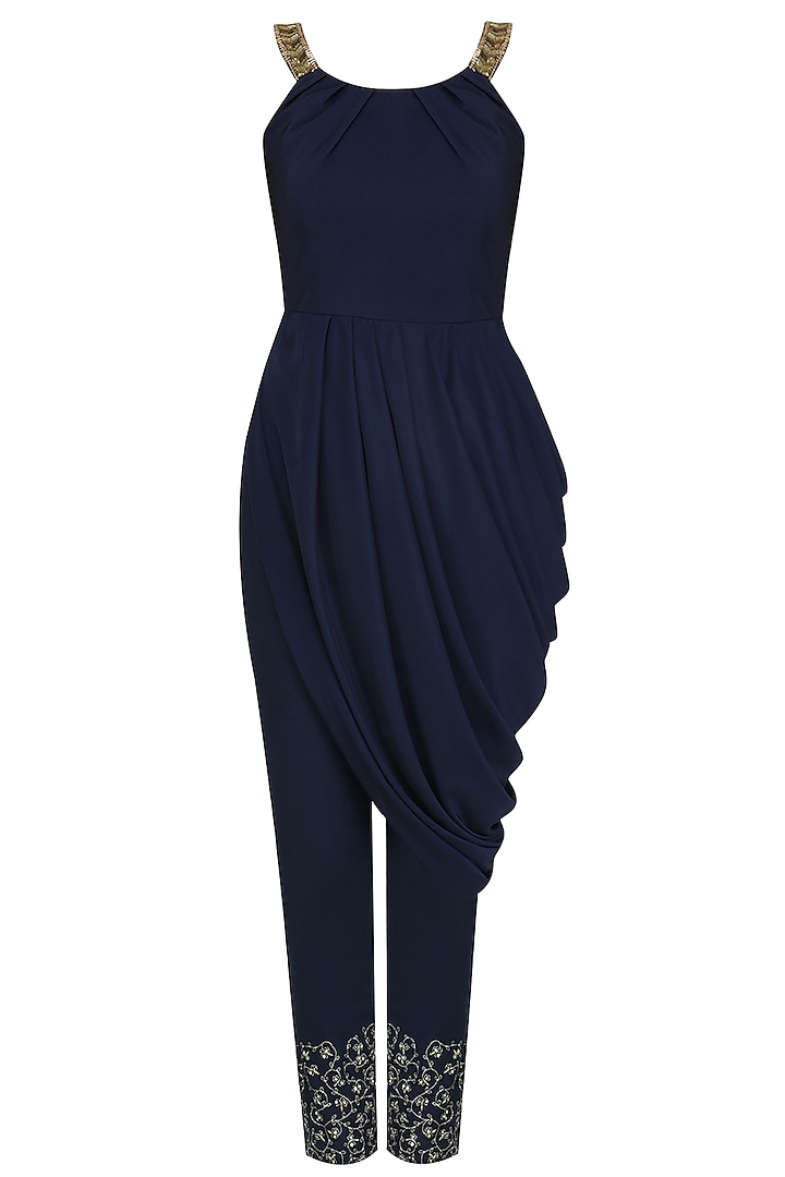 Navy Blue Drape Tunic and Embroidered Pants Set by Pooja Peshoria