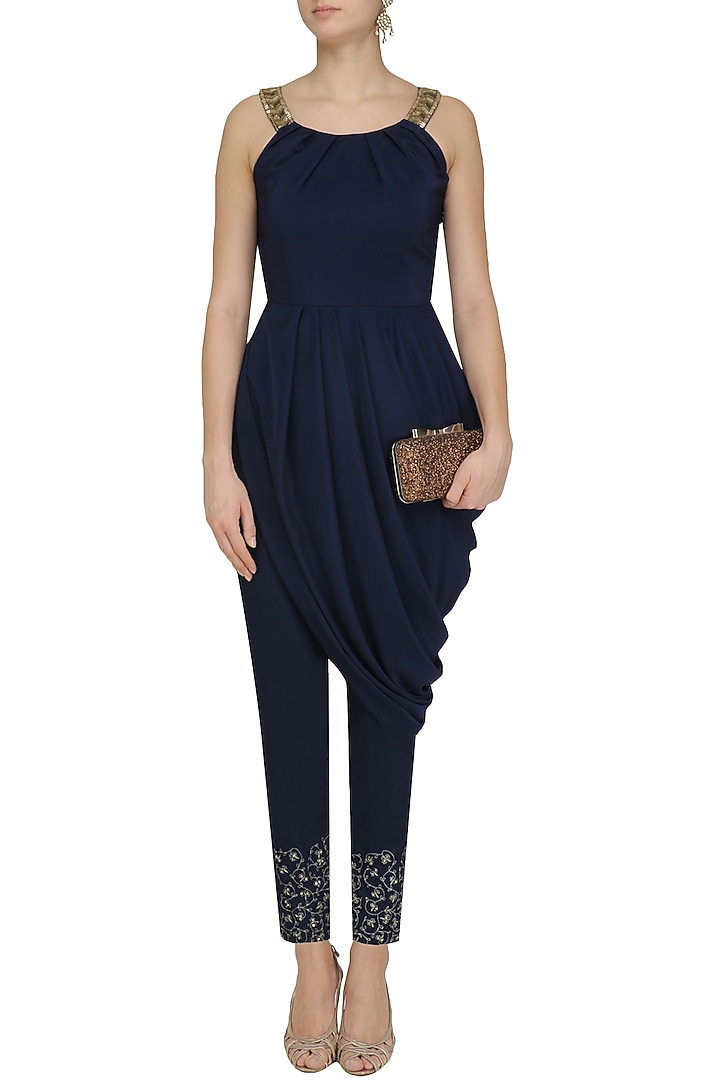 Navy blue drape tunic and embroidered pants set available only at Pernia's Pop Up Shop.