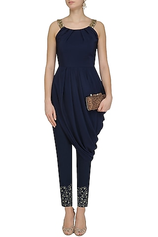 Navy Blue Drape Tunic and Embroidered Pants Set by Pooja Peshoria