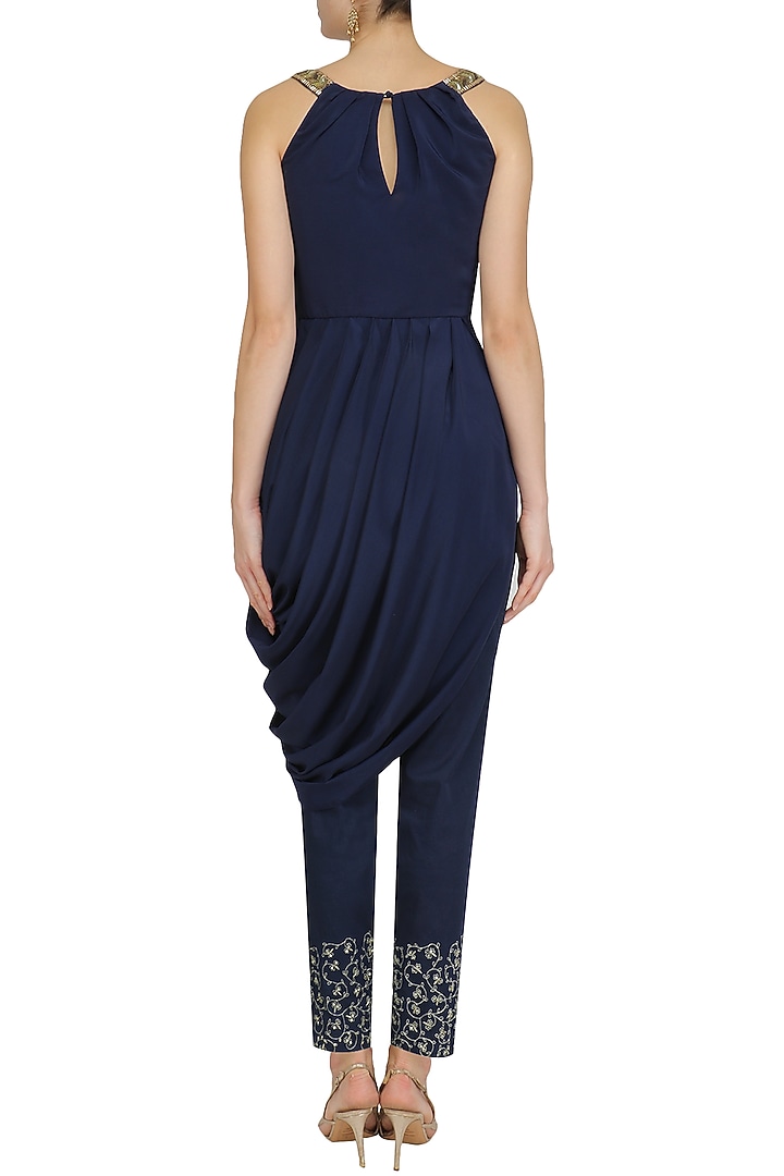 Navy blue drape tunic and embroidered pants set available only at Pernia's Pop Up Shop.