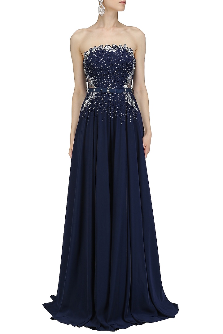 Navy blue floral cutwork flared jumpsuit available only at Pernia's Pop Up Shop.