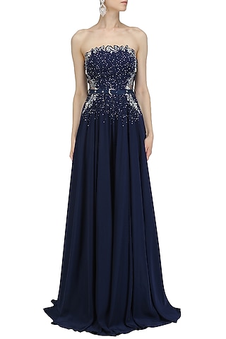 Navy Blue Floral Cutwork Flared Jumpsuit by Pooja Peshoria