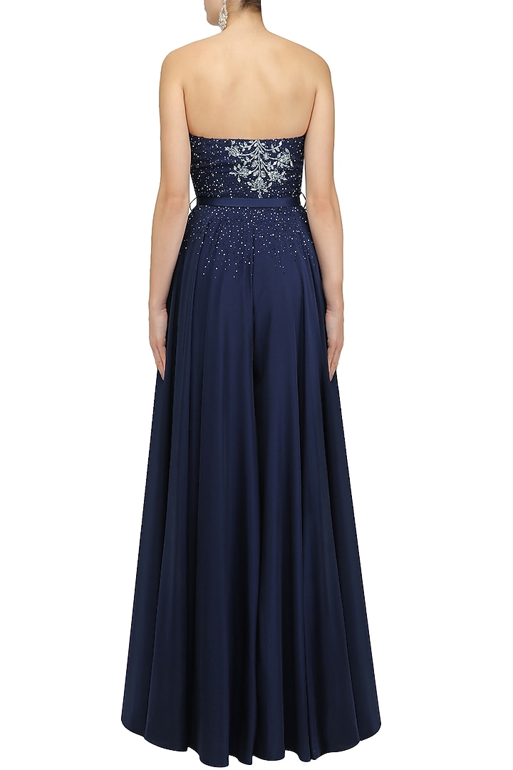 Navy blue floral cutwork flared jumpsuit available only at Pernia's Pop Up Shop.