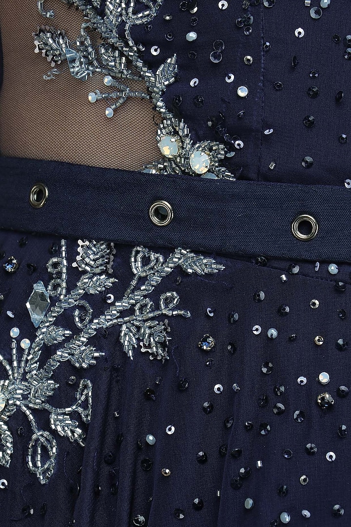 Navy blue floral cutwork flared jumpsuit available only at Pernia's Pop Up Shop.