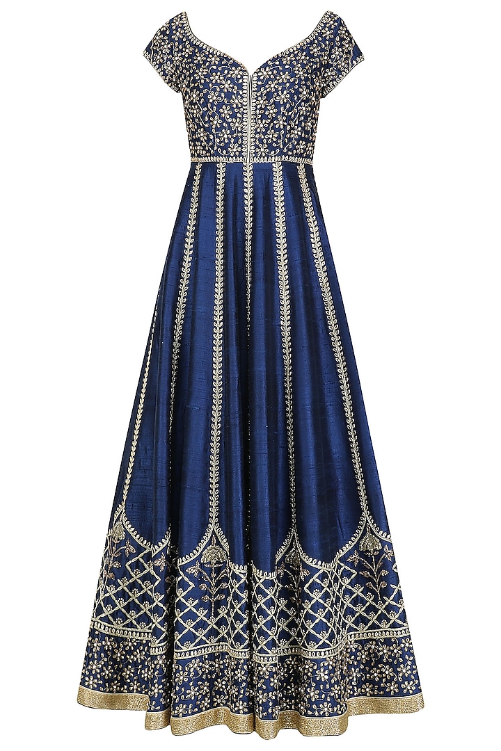 Navy Blue and Gold Embroidered Anarkali Set by Pooja Peshoria