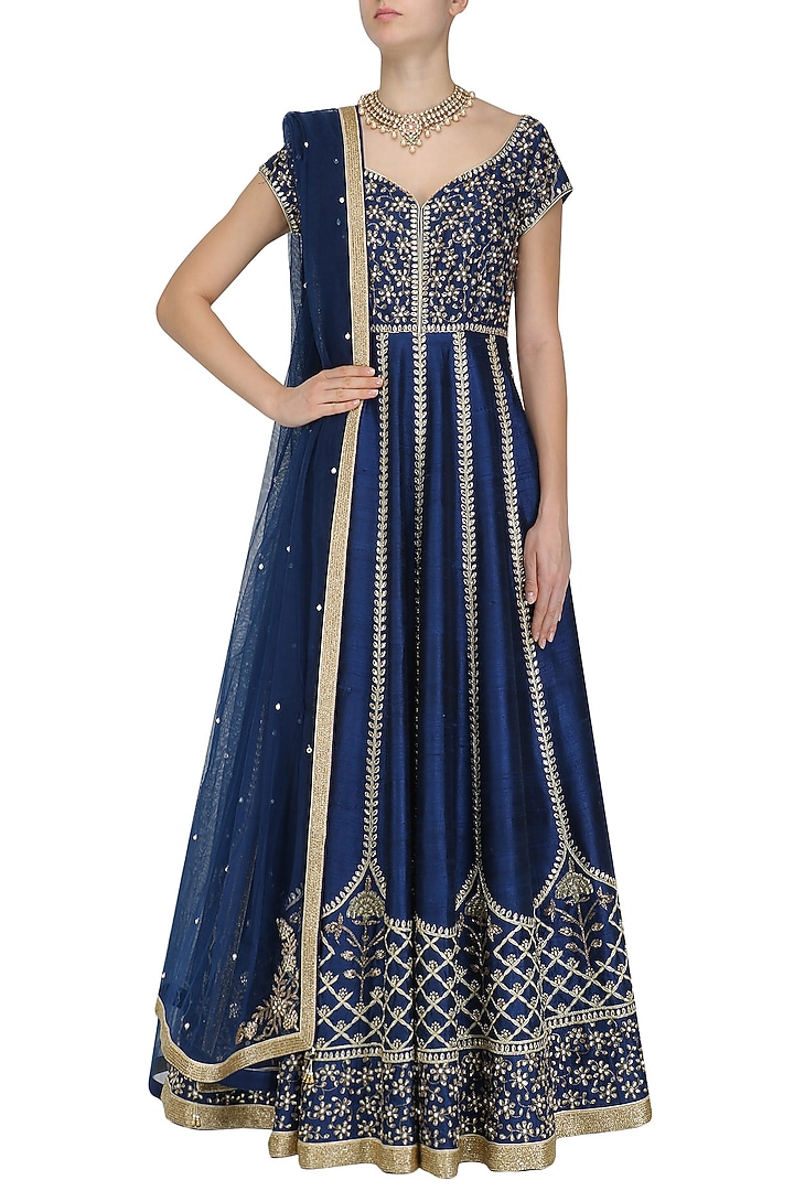 Navy blue and gold embroidered anarkali set available only at Pernia's Pop Up Shop.