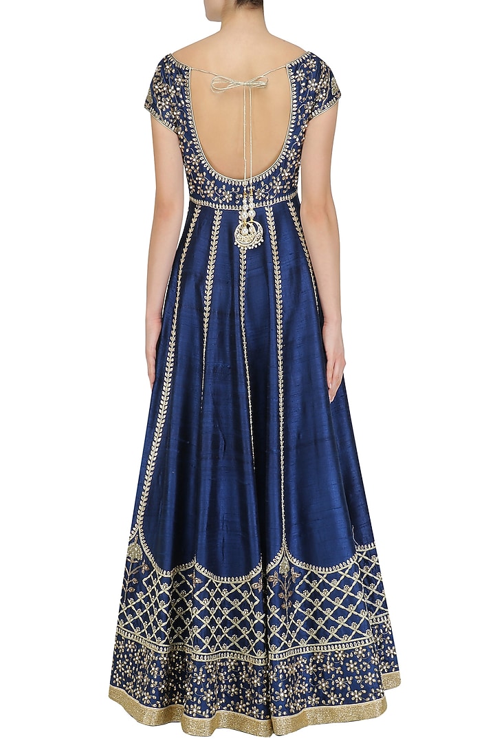 Navy blue and gold embroidered anarkali set available only at Pernia's Pop Up Shop.