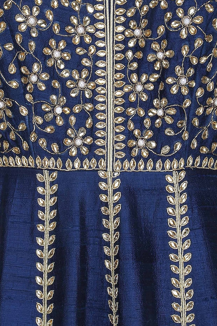 Navy blue and gold embroidered anarkali set available only at Pernia's Pop Up Shop.